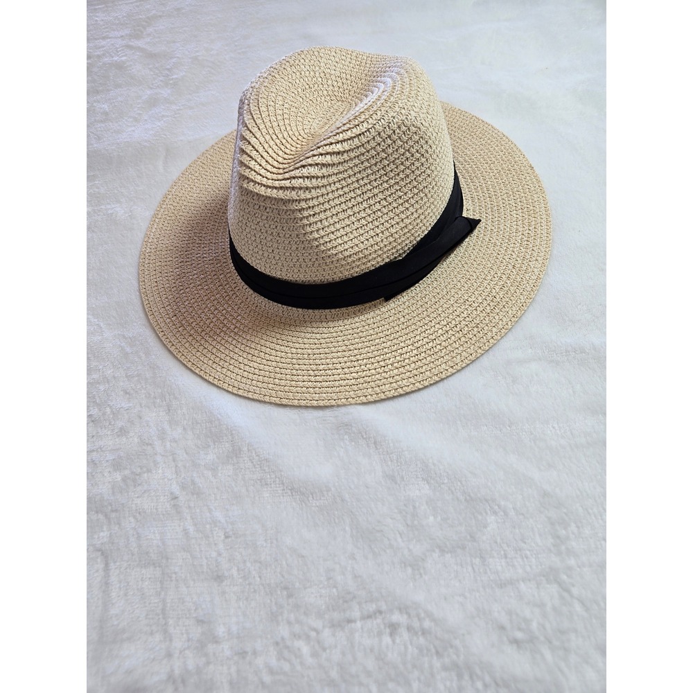 Beige Woven Straw Fedora Wide‎ Brim Sun Hat with Black Ribbon Band Adjustable